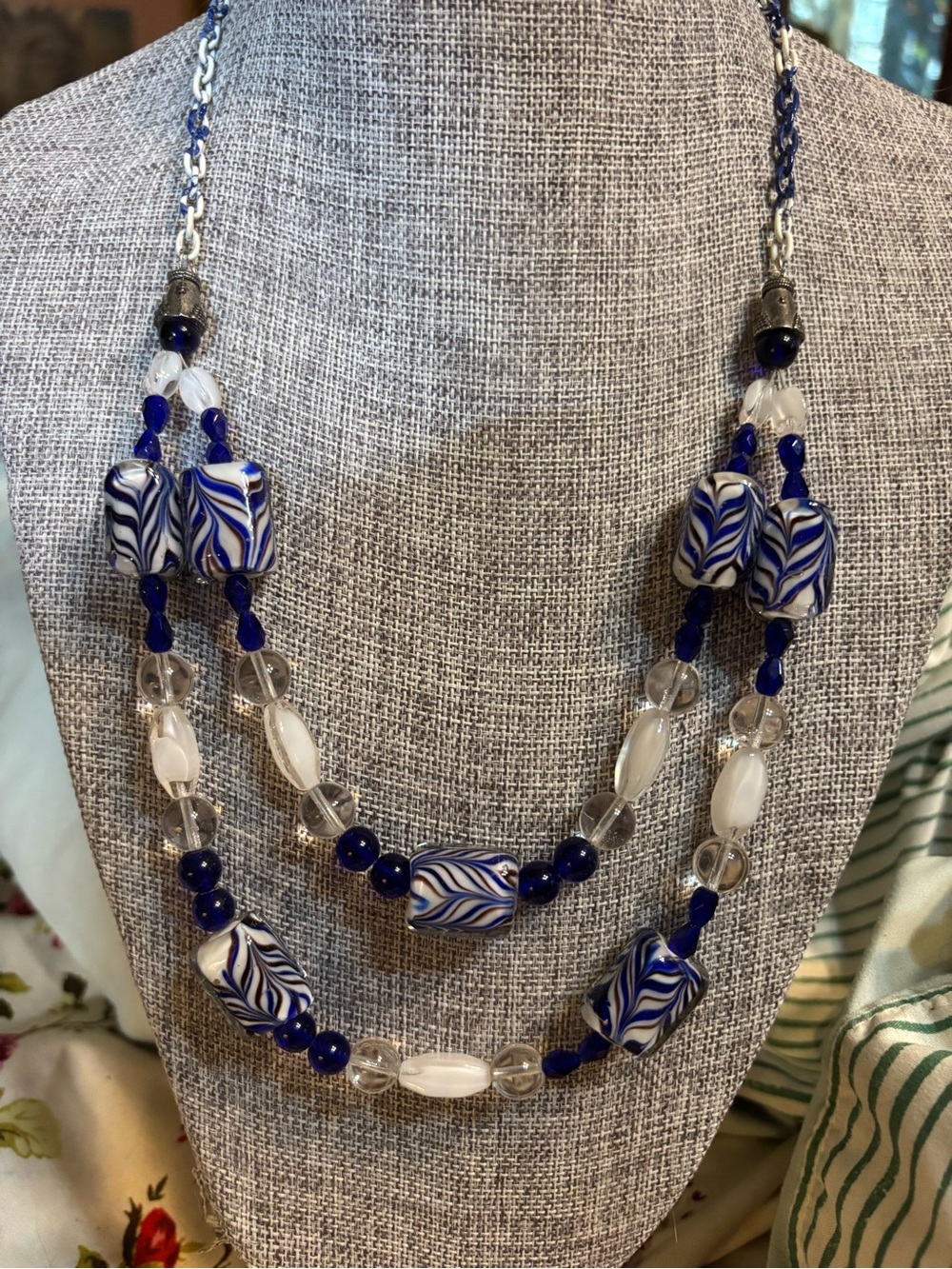 Handmade Blue & White Glass Bead Multi-Strand Necklace